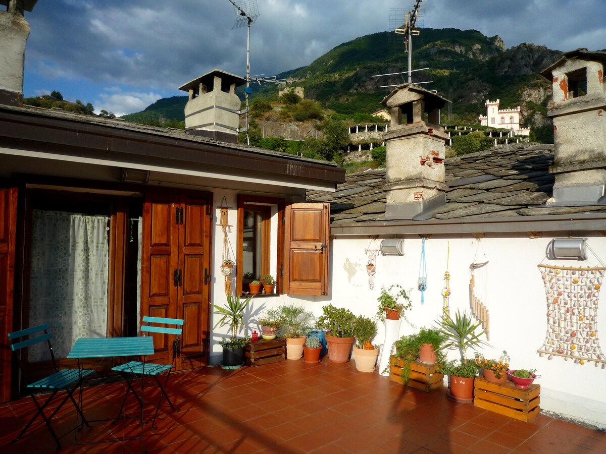 A charming terrace is displayed, featuring a blue table and two chairs among various potted plants. The view includes traditional rooftops and mountains in the background, with wooden shutters and a large window inviting natural light into the space.