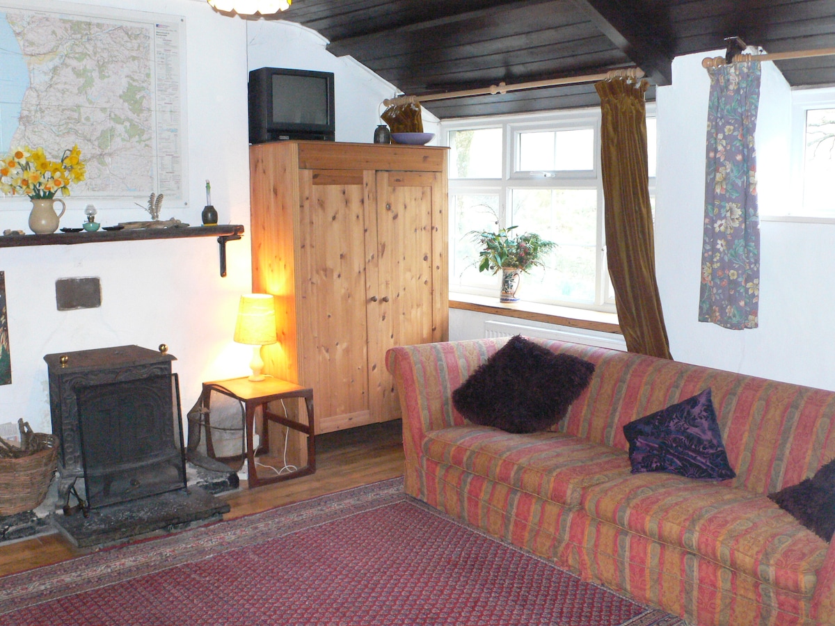 A comfortable living area is highlighted by a rustic wood burner and a patterned sofa adorned with cushions. Natural light filters through the windows, creating an inviting space. A small wooden table sits nearby, complemented by decorative plants and a detailed map on the wall.