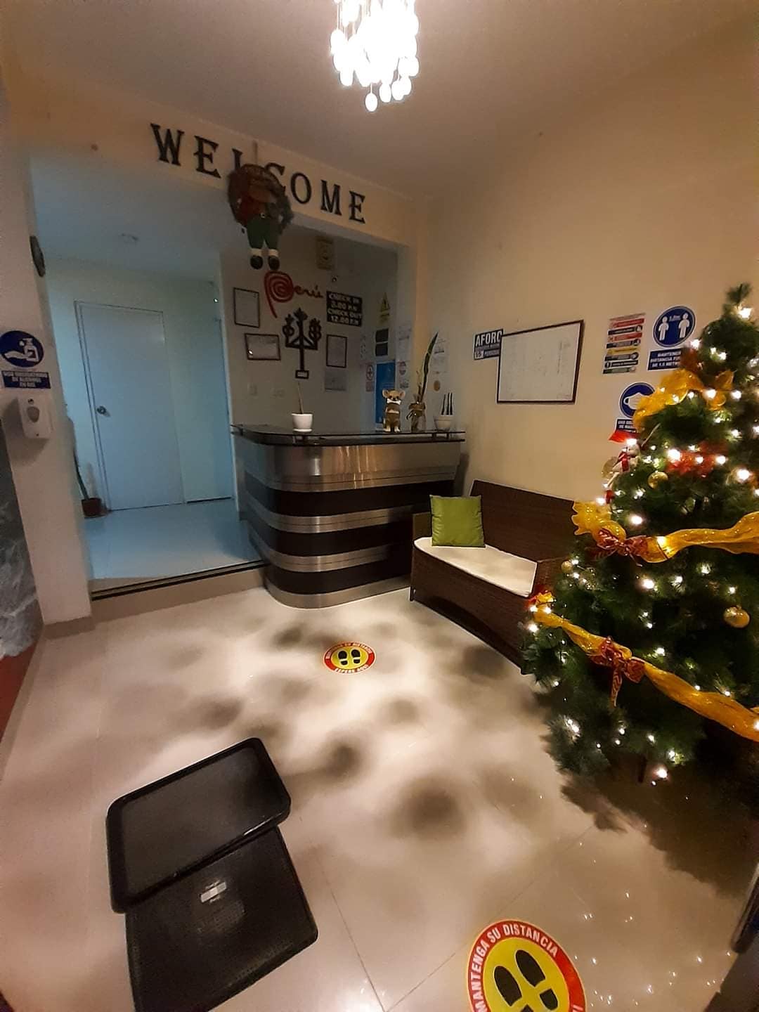 A welcoming reception area is visible, featuring a wooden check-in counter and a bench adorned with a green cushion. A decorated Christmas tree stands in the corner, illuminated with lights. Signage about safety and accessibility is displayed on the walls.