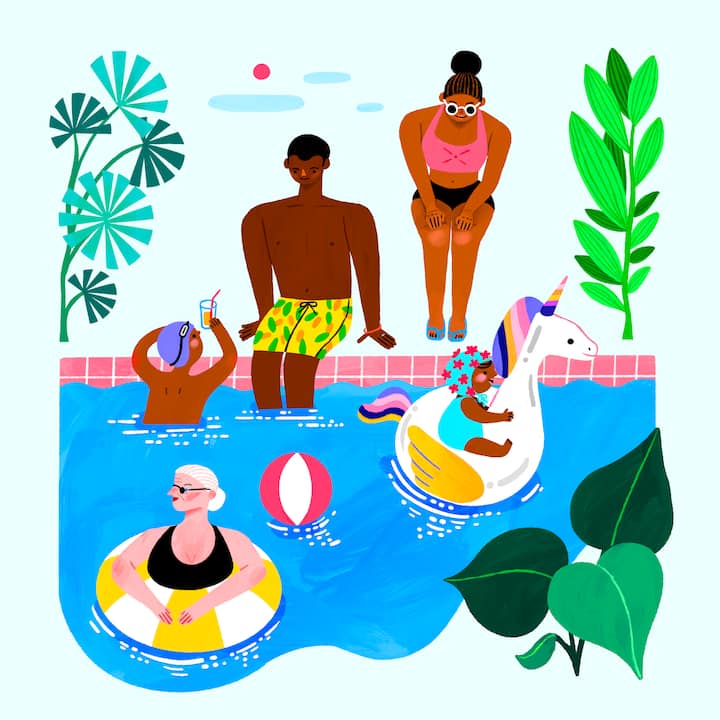 illustration depicting adults and children enjoying pool