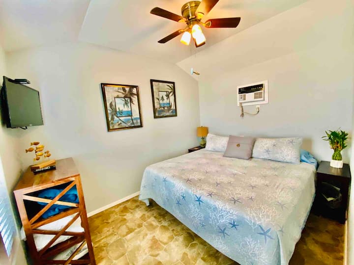 Comfortable California King size bed that can be converted into XL Twins if needed, cable TV with Netflix and dresser, towels, shampoo, conditioner, soaps, lotions DVD player and steamer Incase you need to look extra good fishing.