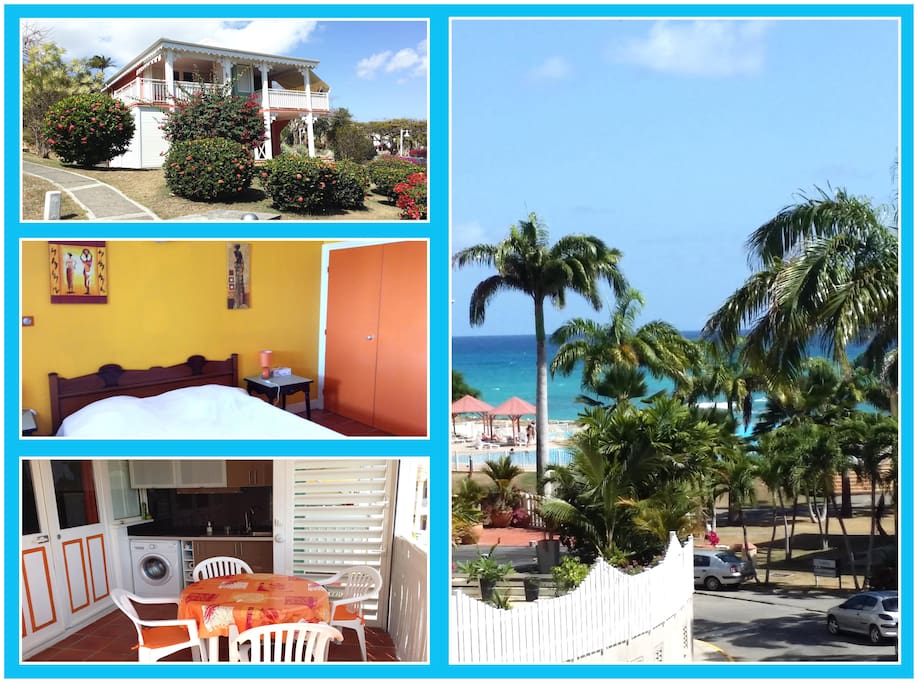 studio vue de l'exterieur, la chambre, la terrasse/cuisine et la vue mer et piscine
