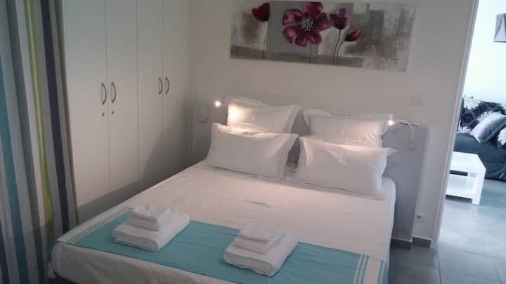 Chambre très spacieuse avec lit en 160x200 plus très grande penderie et placard plus une commode à 6 tiroirs.