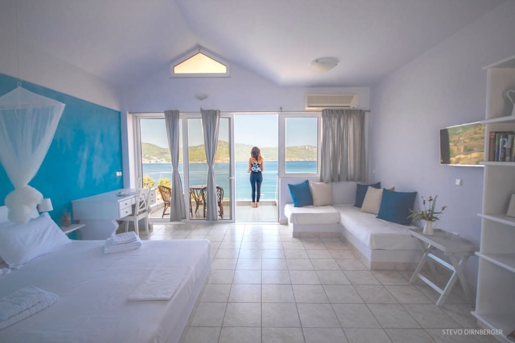 Your 50m2 of living space, with a private balcony and gorgeous views to the Aegean sea and Poros island