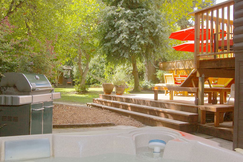 The view from the hot tub into the backyard.