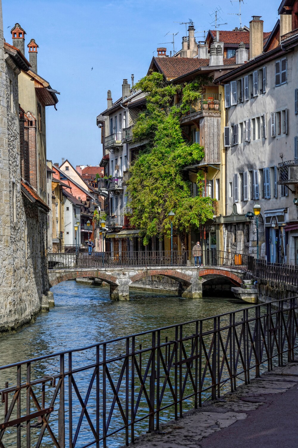 A narrow canal flows through charming streets lined with historic buildings, their facades adorned with lush greenery. A small stone bridge crosses the water, providing access to both sides, while a wrought iron railing runs along the walkway, complementing the picturesque scene.