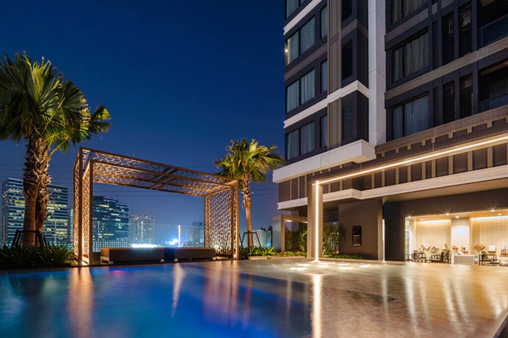 Library and Pool Chillax Area View at Dawn