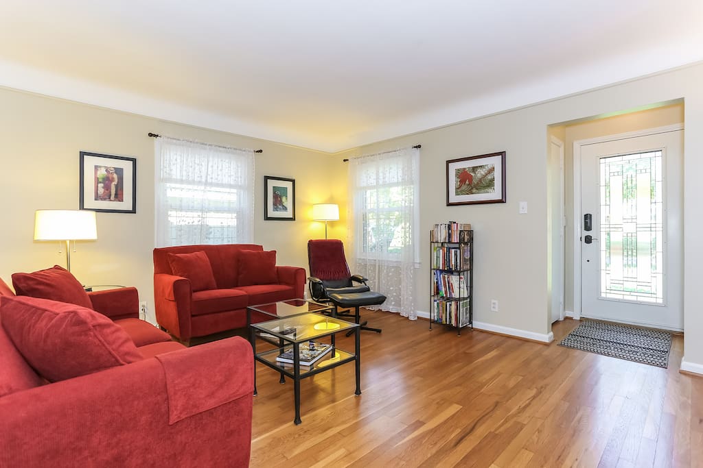 With its hardwood floors, plaster walls and cove ceiling, the living room is a comfortable and inviting place to be any time, day or night.