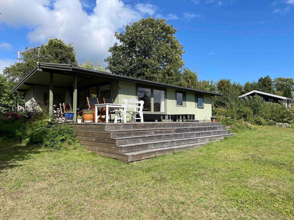 A summer house is highlighted by a spacious wooden terrace with steps leading down to a green lawn. Surrounding plants and trees offer a natural setting. Large windows are visible, providing views of the outdoors, while the home's architecture showcases a modern design.