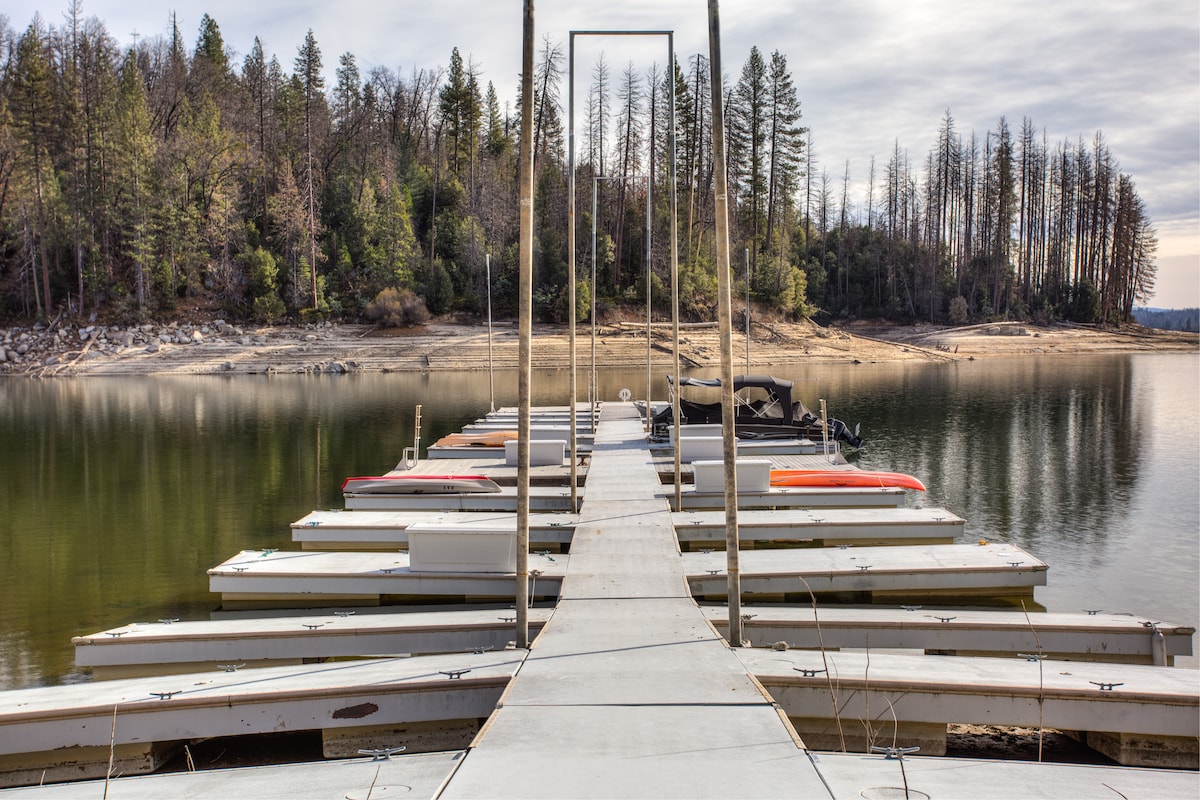 A long, sturdy dock extends over calm water, leading to several boat slips. Surrounding the area, trees stand gracefully, creating a natural backdrop. The water reflects the overcast sky, adding to the serene atmosphere of this private docking space.
