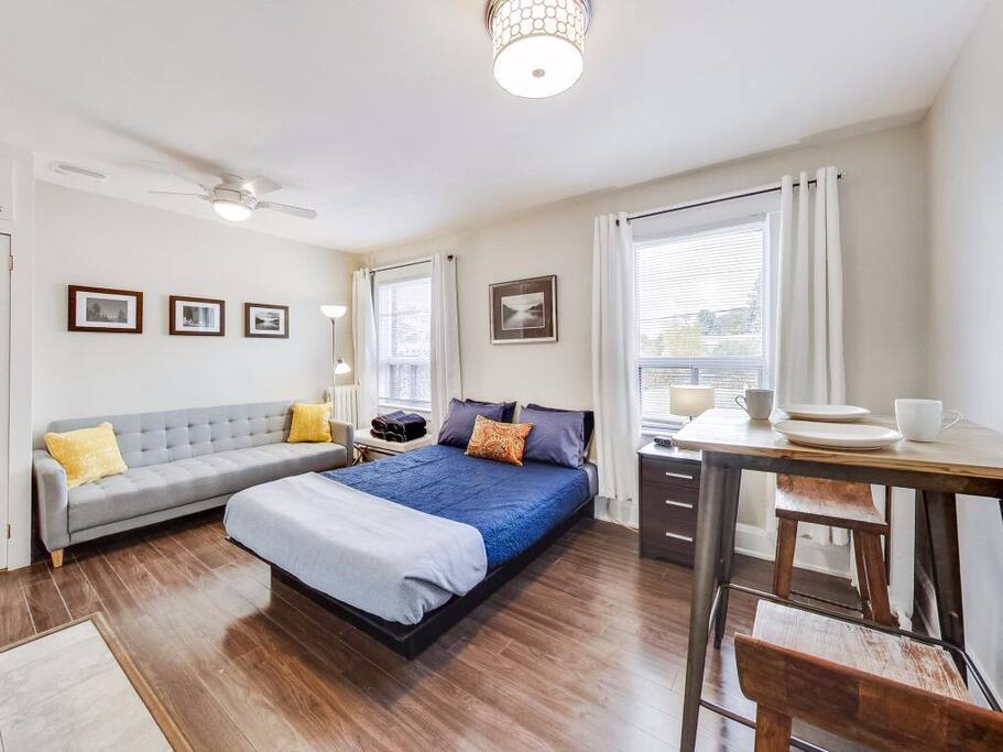 Open-concept, quiet and private studio suite.