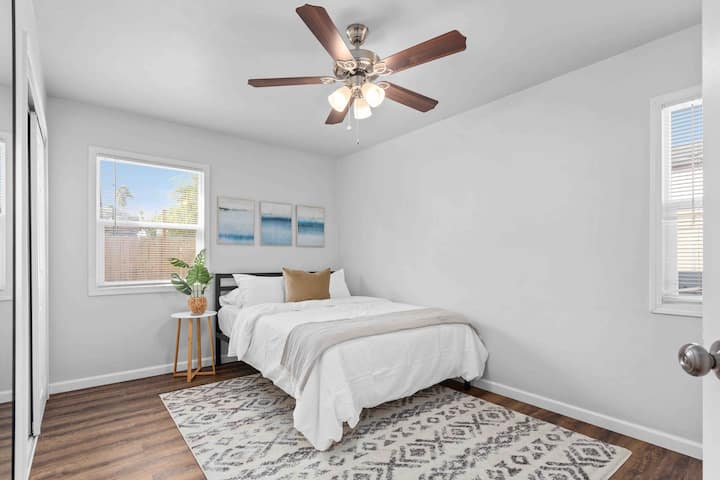 Bedroom number two off the living space. Bed is a queen size. 