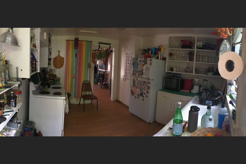 Fully stocked Community kitchen where delicious recipes are shared from guests around the world!