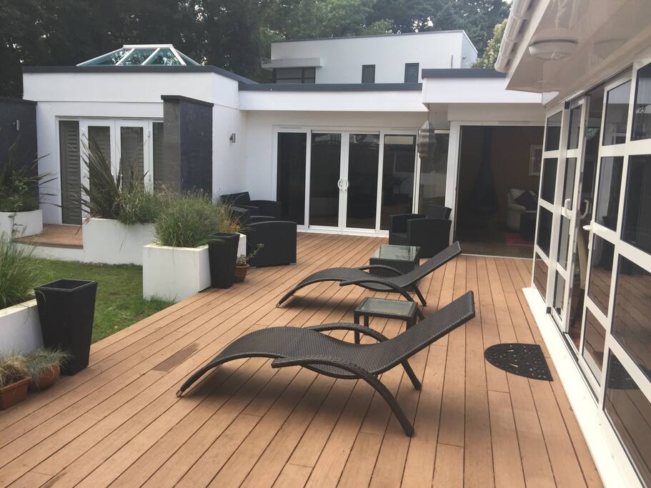 Decked terrace overlooking garden