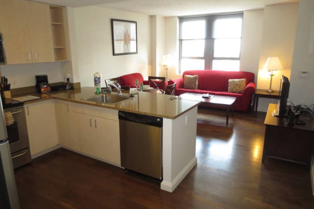 Spacious comfortable living room with pullout sofa bed and club chair