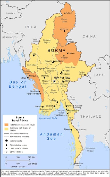 Dark areas are where not to go in Myanmar..