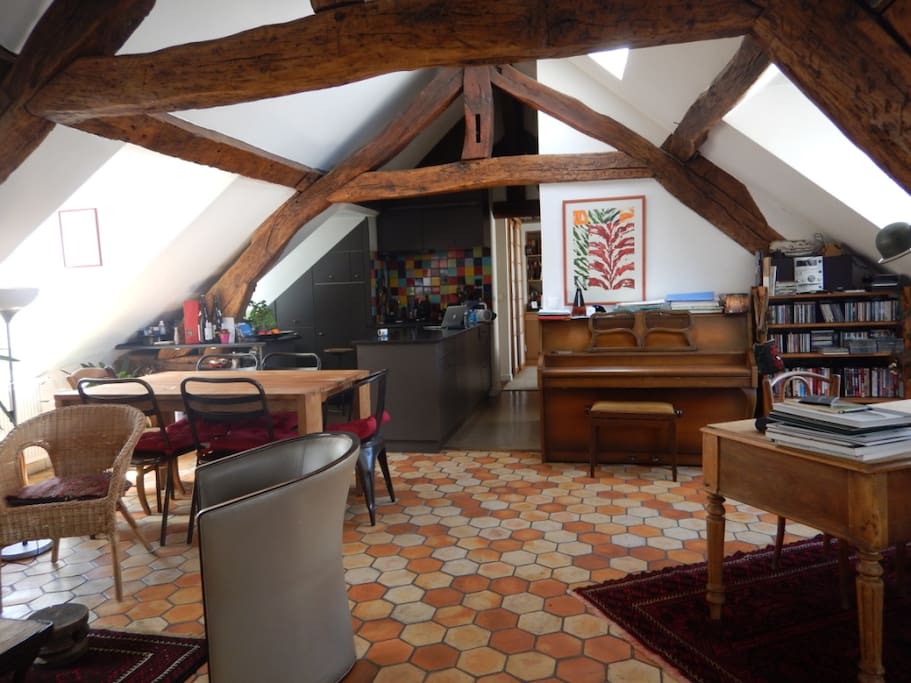 cuisine ouverte (four, lave-vaisselle, frigo) (open kitchen, oven, dish-washer, fridge)