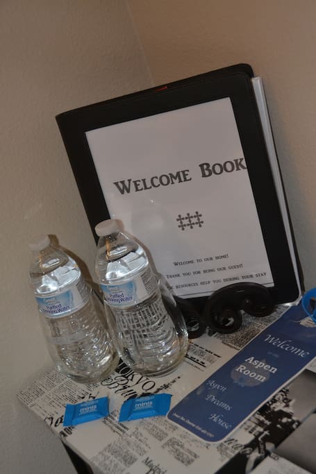 We love to welcome our guests and help them get acquainted with the local area. All of the most important pieces of information is in our Welcome book. And we give all of our guests water upon arrival.