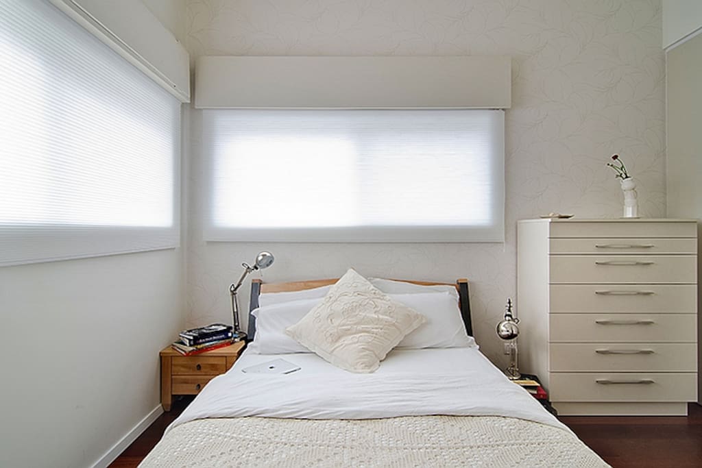 Double bed in spacious bedroom, extra double mattress available to accommodate up to 4 guests.