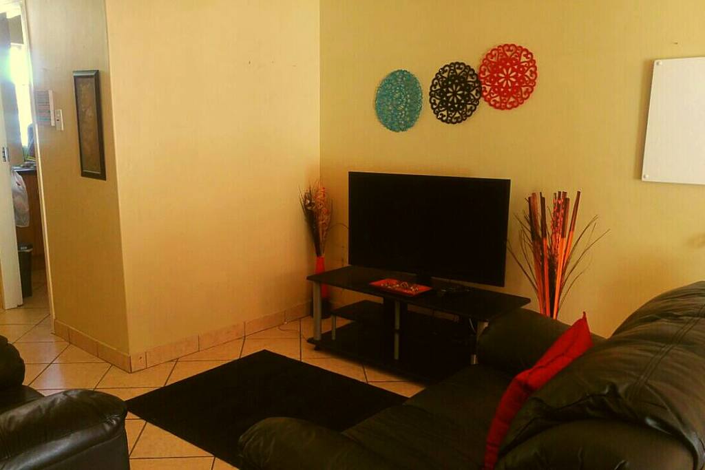 cable tv and two leather couches