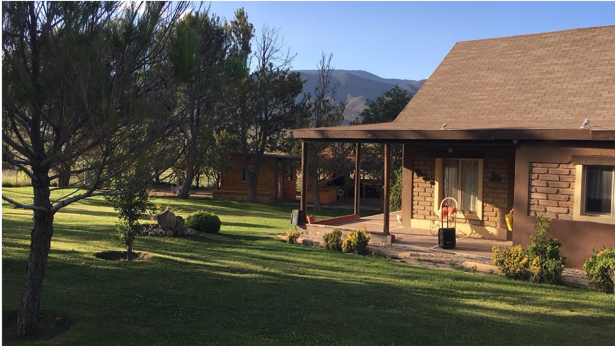 A well-maintained cabin sits within a lush green lawn, framed by mature pine trees. The inviting porch offers ample space for relaxation, while nearby structures and gentle hills provide a serene backdrop. The scene evokes a peaceful, natural setting perfect for unwinding.