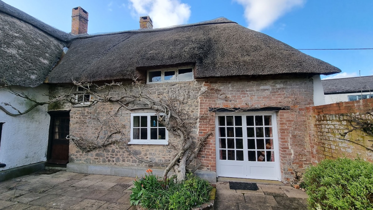 The exterior of a historic thatched cottage is displayed, showcasing original cob walls complemented by a contemporary white door and windows. A stone-paved area is visible in front, surrounded by greenery, with a small flowering garden enhancing the tranquil setting.