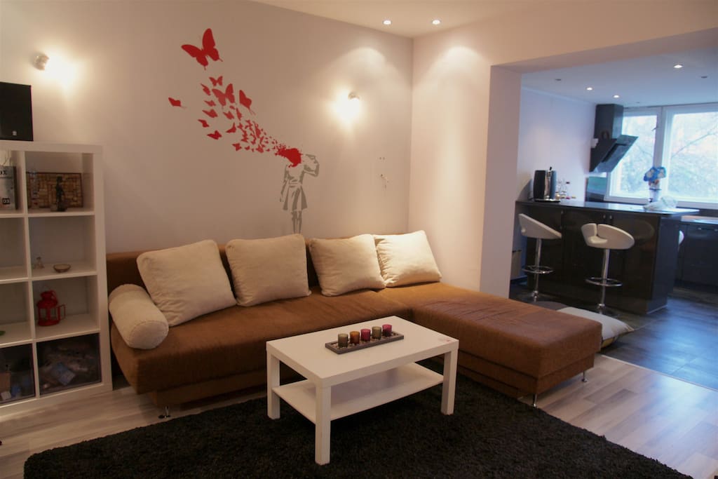 Living room with TV and a sofa that unfolds into a double bed