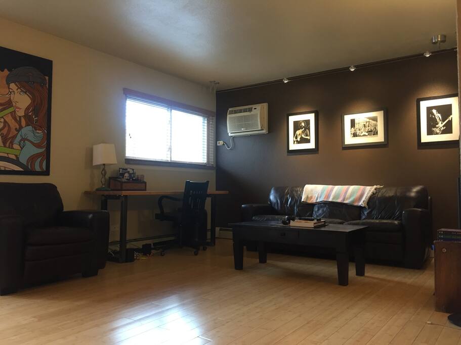 Bamboo floors and cush leather furniture