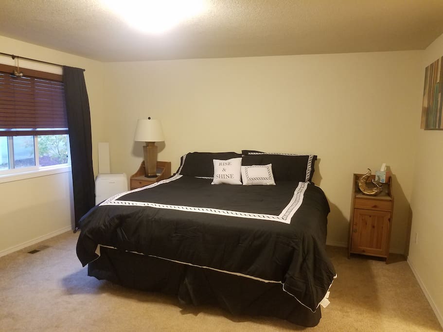 King bed, 2 side tables, & personal A/C unit