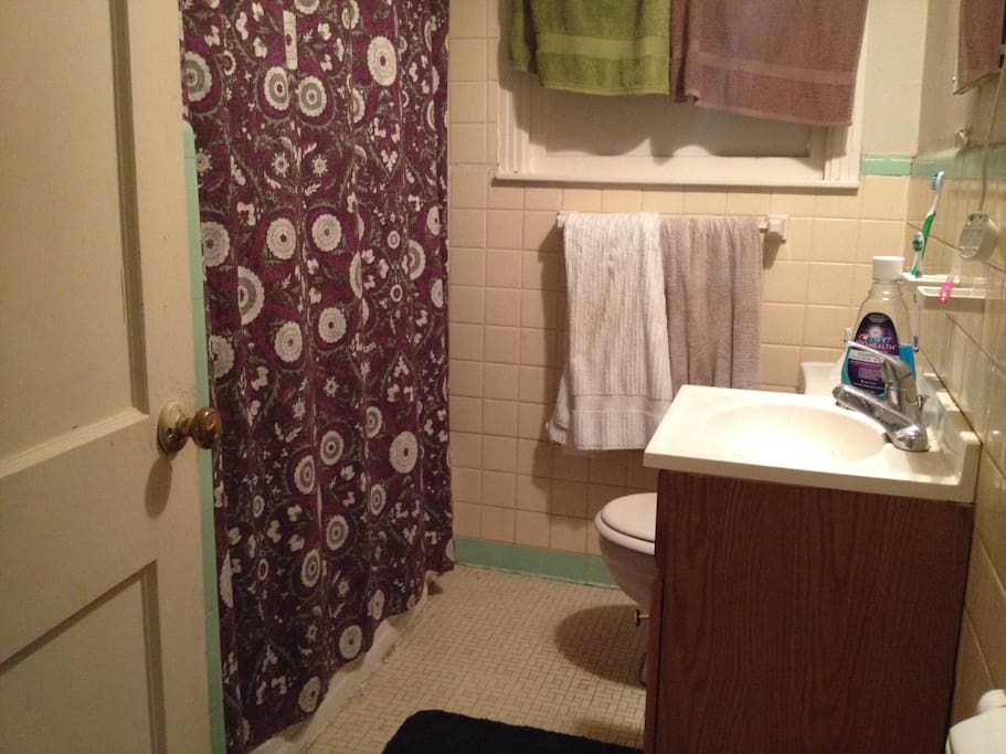 Bathroom with a shower, toilet and sink, pretty standard.