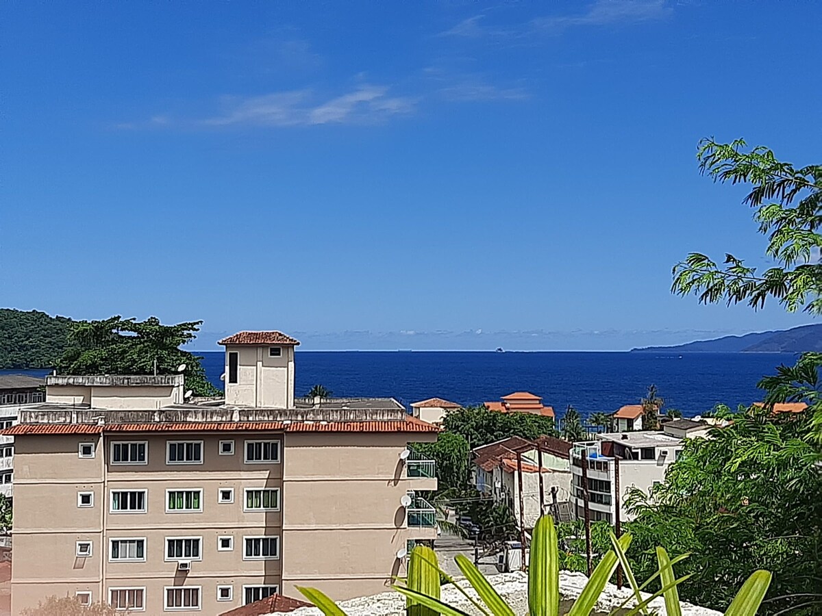 A panoramic view of the ocean is captured, showcasing a clear blue sky and shimmering water. In the foreground, a variety of plants is visible, while buildings stretch across the view, emphasizing the location's coastal setting.