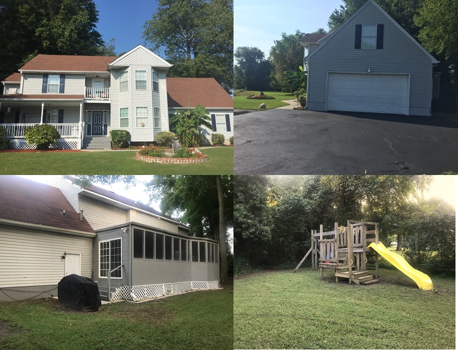 The exterior of the house showcases a two-story structure with a light-colored facade and a welcoming front porch. A two-car garage is visible, while the backyard features a child's playset with a slide, set on a grassy area surrounded by trees.