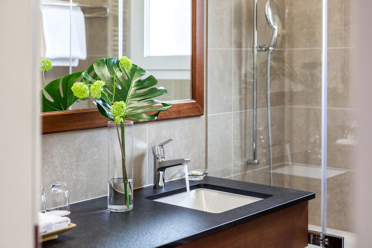 A modern bathroom features a sleek black countertop with a polished sink. A glass shower enclosure is present, with a handheld showerhead mounted on the wall. Fresh green accents, including a plant and flowers in a vase, enhance the tranquil setting.