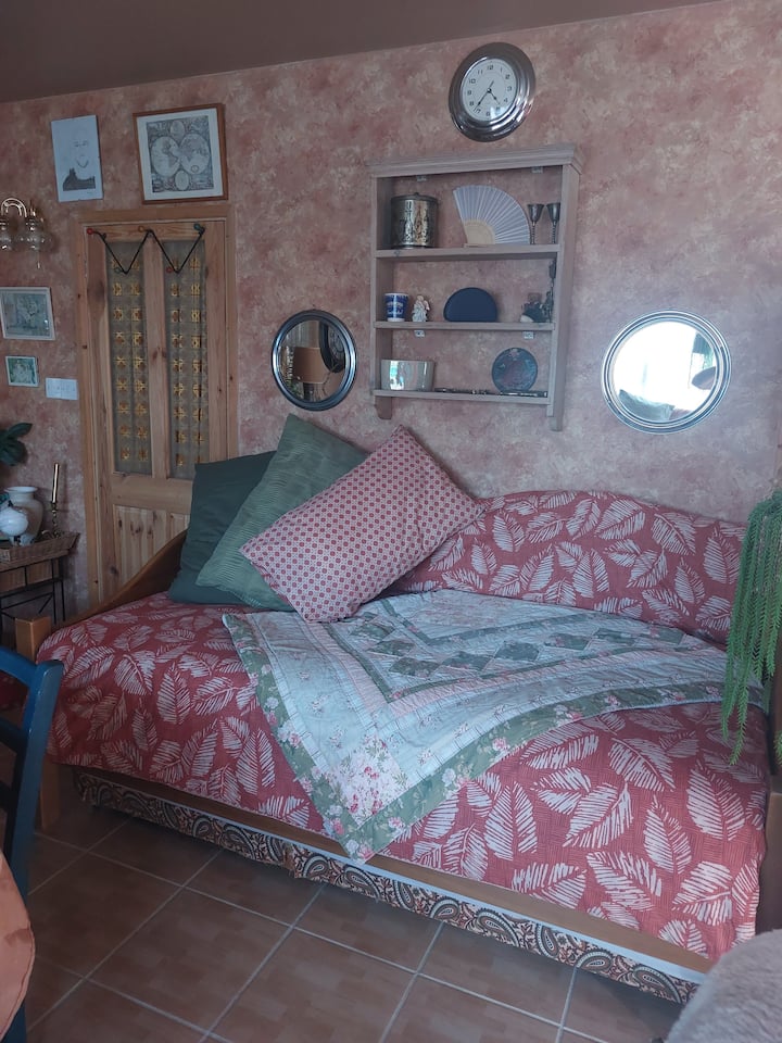 Cama individual a un lado del gran dormitorio principal