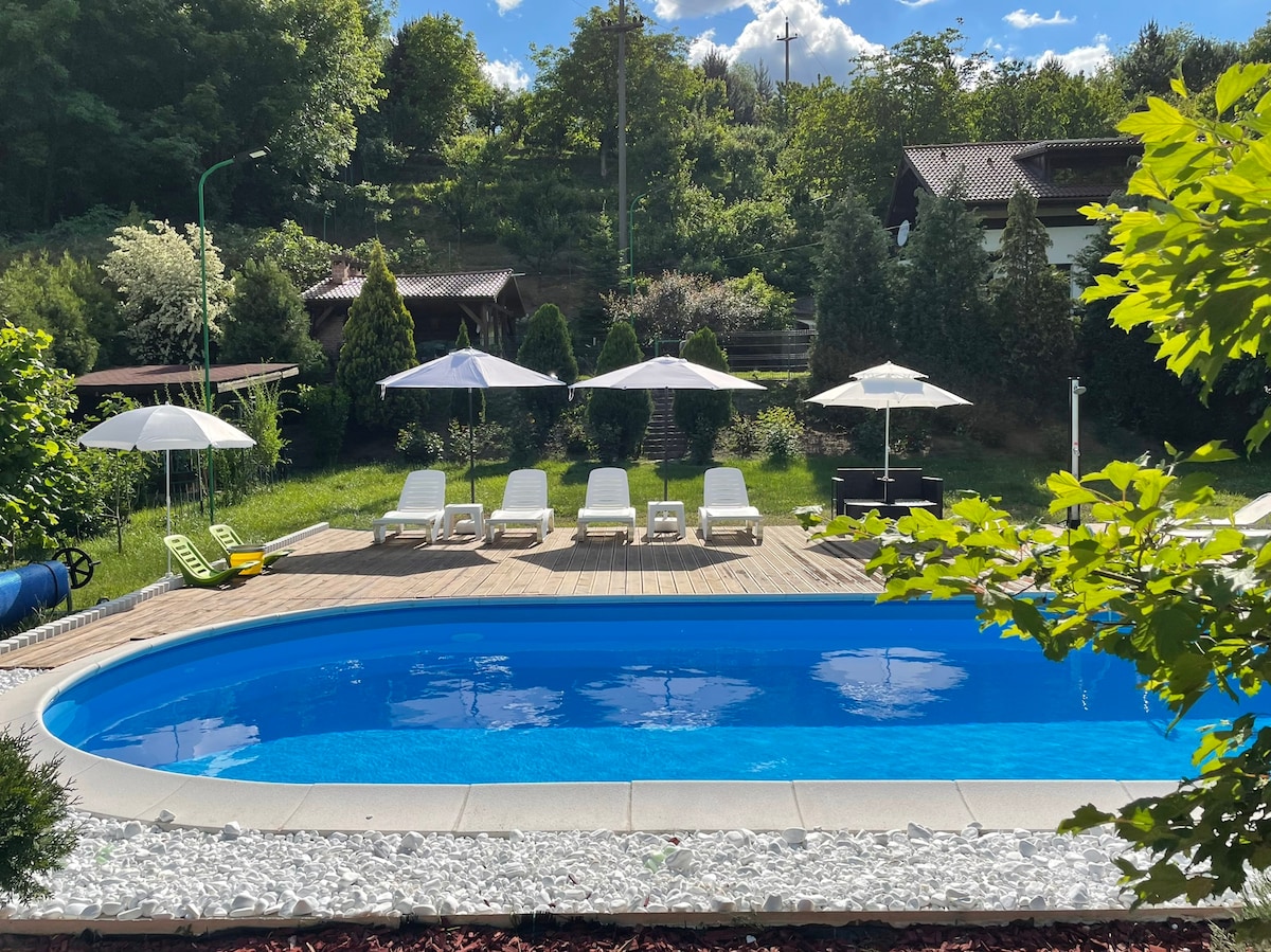 A well-maintained swimming pool is surrounded by a wooden deck featuring several loungers and umbrellas. Lush greenery and trees provide a natural backdrop, with the sun shining brightly in a clear sky, enhancing the serene ambiance of the outdoor space.