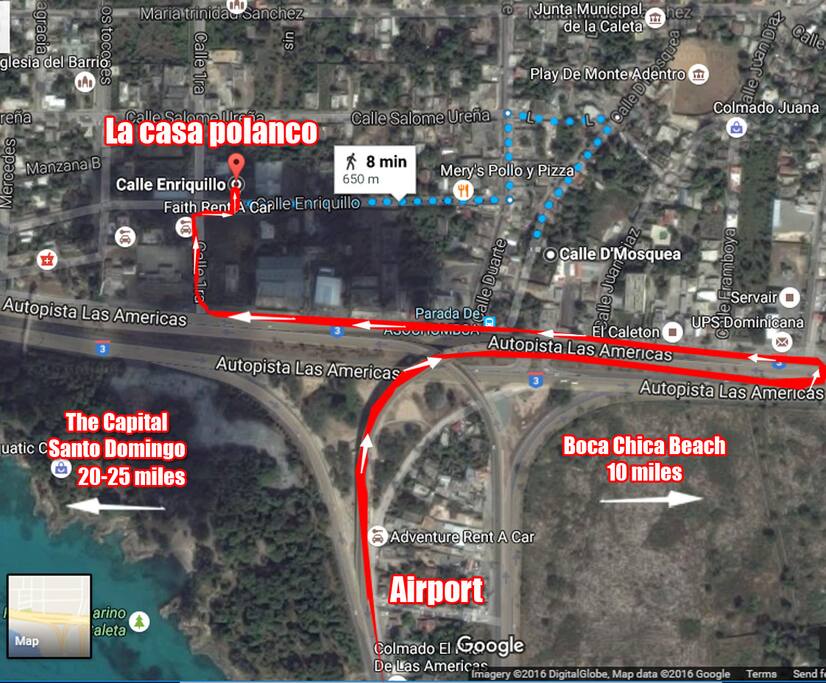 Follow my red line. Easier directions. Just 8 minutes away from the Airport.