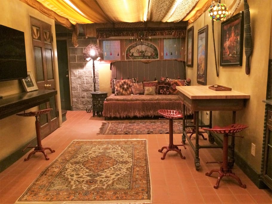pool house lounge The sofa converts to a twin bed with a trundle bed or king bed