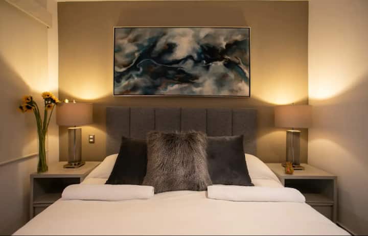 Quiet interior master bedroom with great lighting