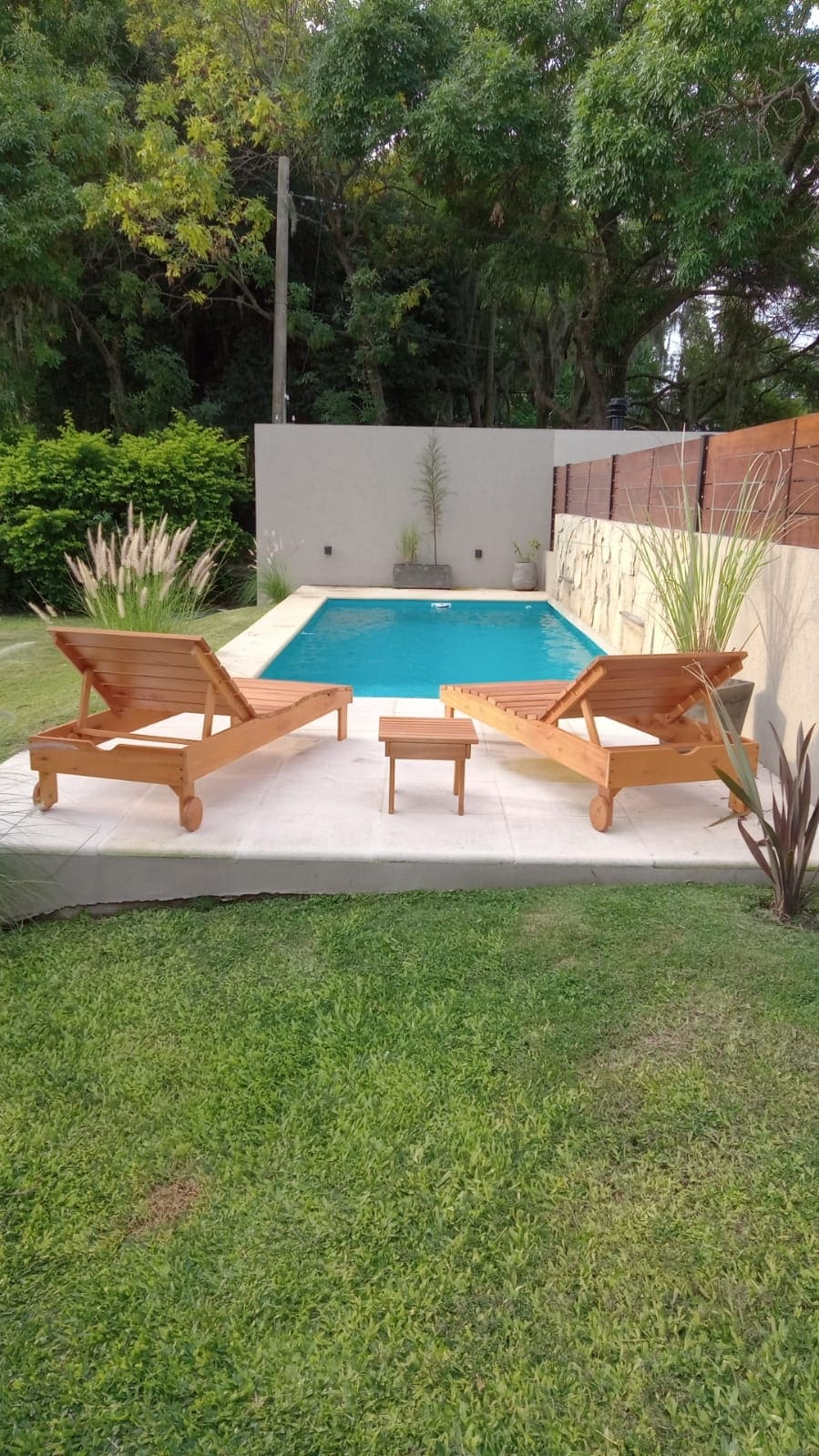 A serene outdoor area features two wooden lounge chairs positioned beside a refreshing swimming pool. Lush green grass surrounds the area, complemented by decorative plants along the pool's edge and a wall that provides privacy.