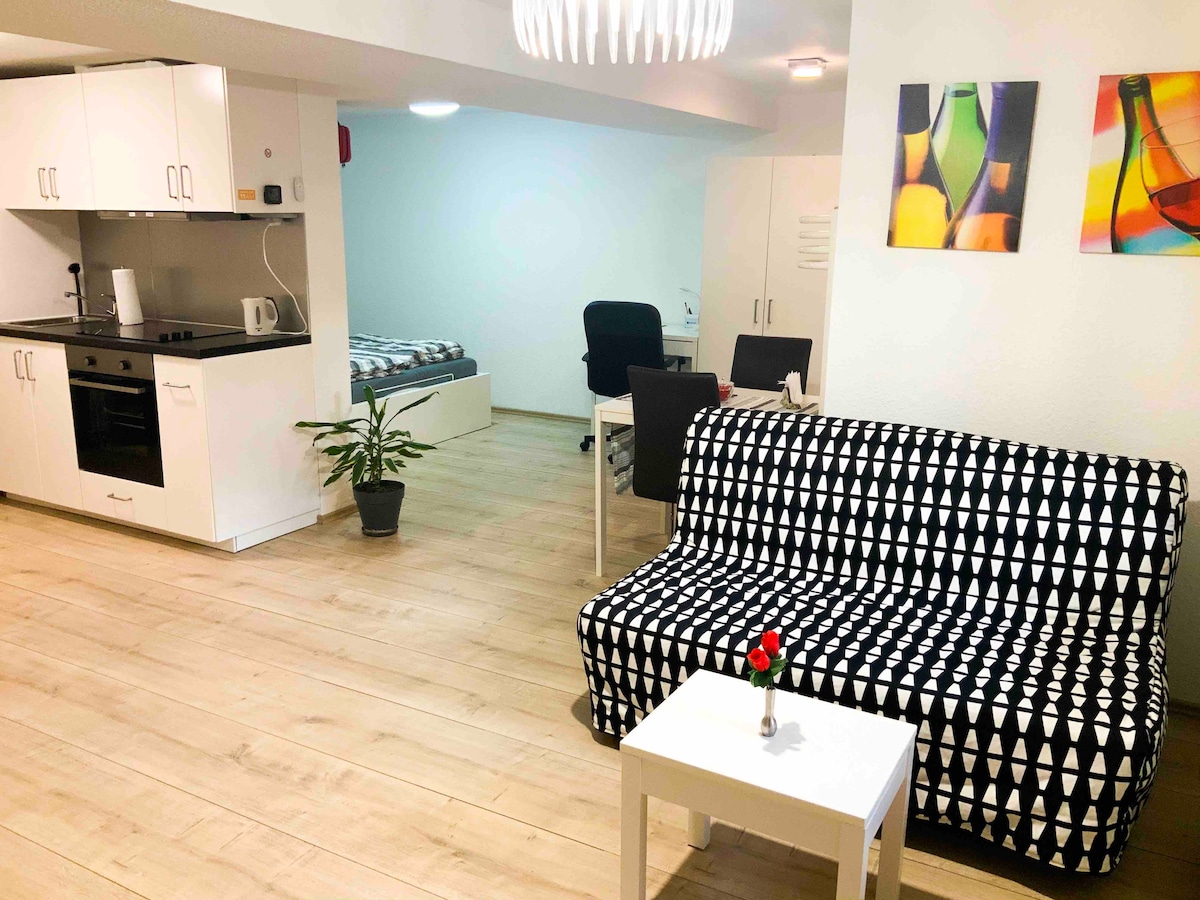 A modern living space is presented with a black and white patterned couch, a small white table featuring a rose, and a kitchenette with white cabinetry. A bed is partially visible in the background, and vibrant artwork adorns the walls, adding color to the room.