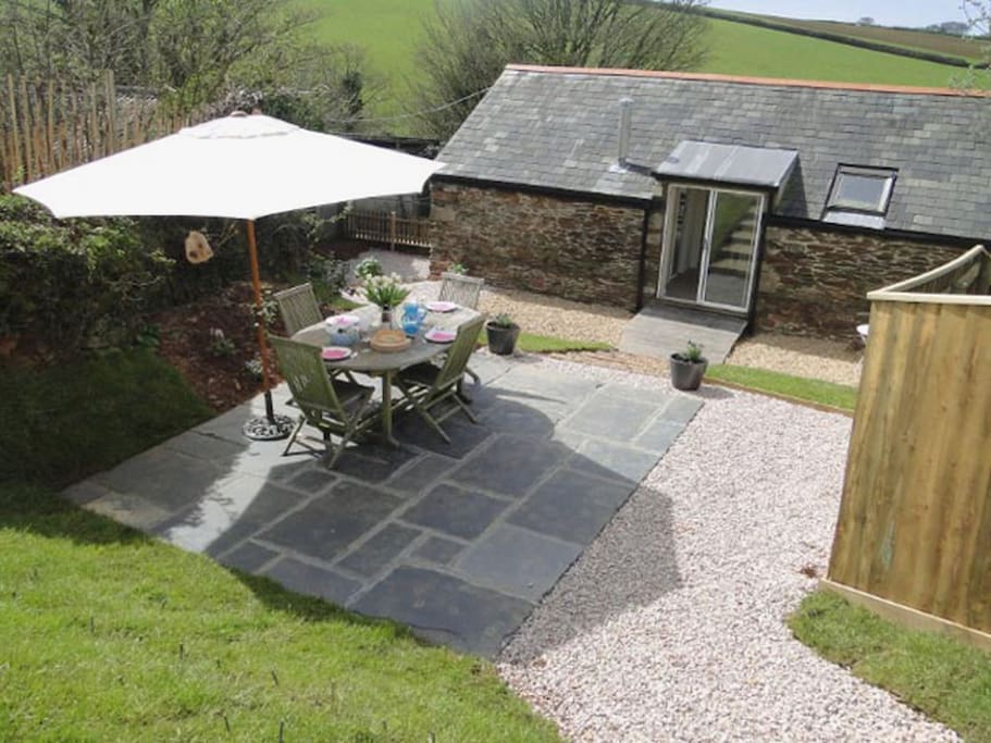Private garden and terrace across to the fields