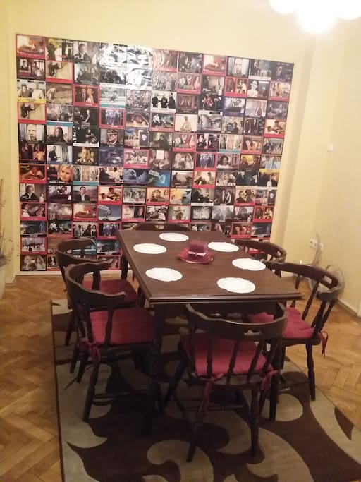 The dining room with old movie posters:)