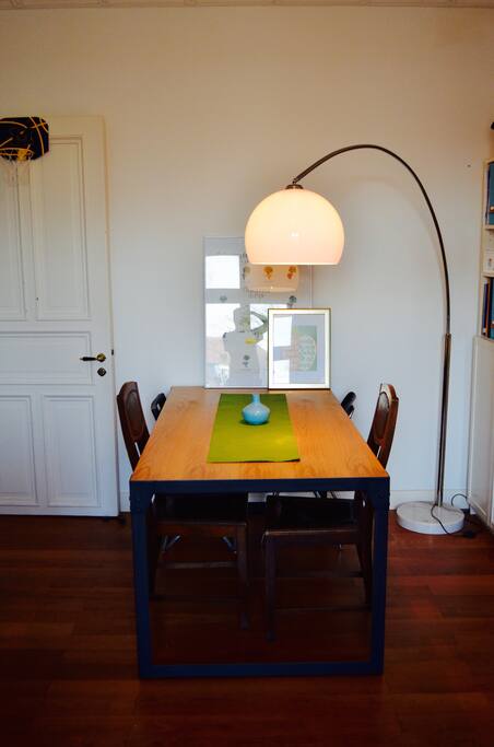 Big dining room table that seats up to 6 people.