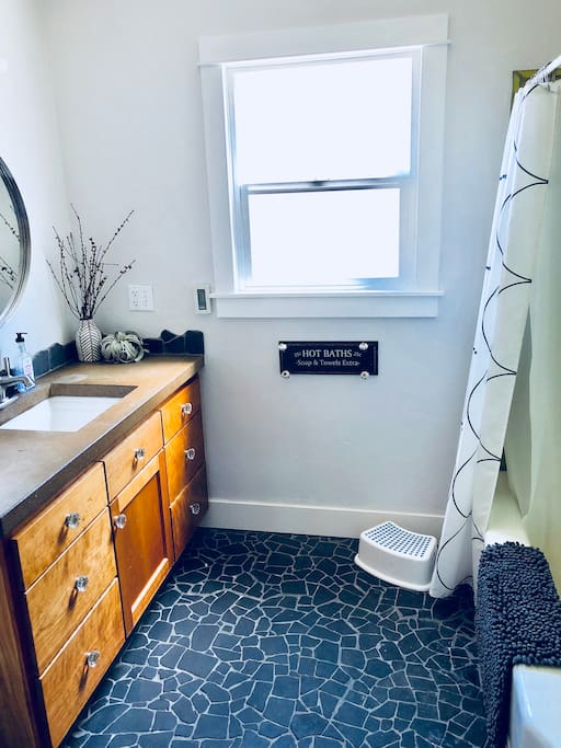 Newly updated guest bathroom with shower & tub. Kid friendly toys for bathing.
