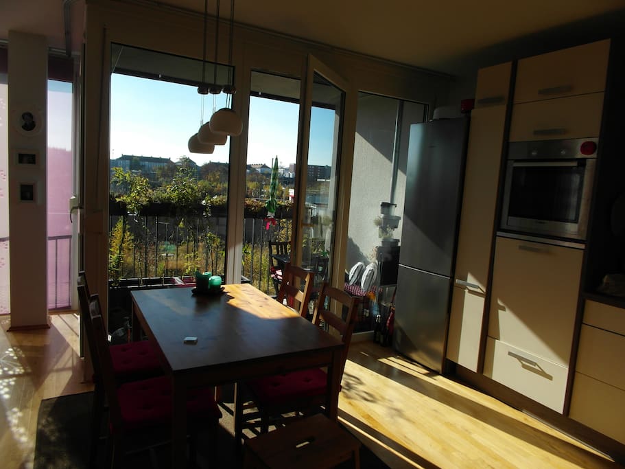 Blick aus der Küche/Wohnzimmer auf den Balkon