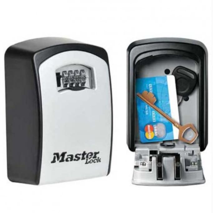 **Use the code xxxx to open the lockbox on the door handle. The key is inside. Press the left black button and pull the box cover down. (After finish open the door put the keys back in key-box.)