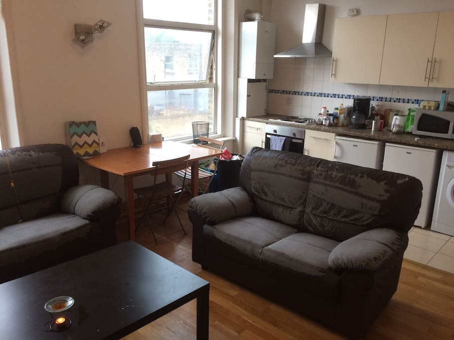 The joint living and kitchen area