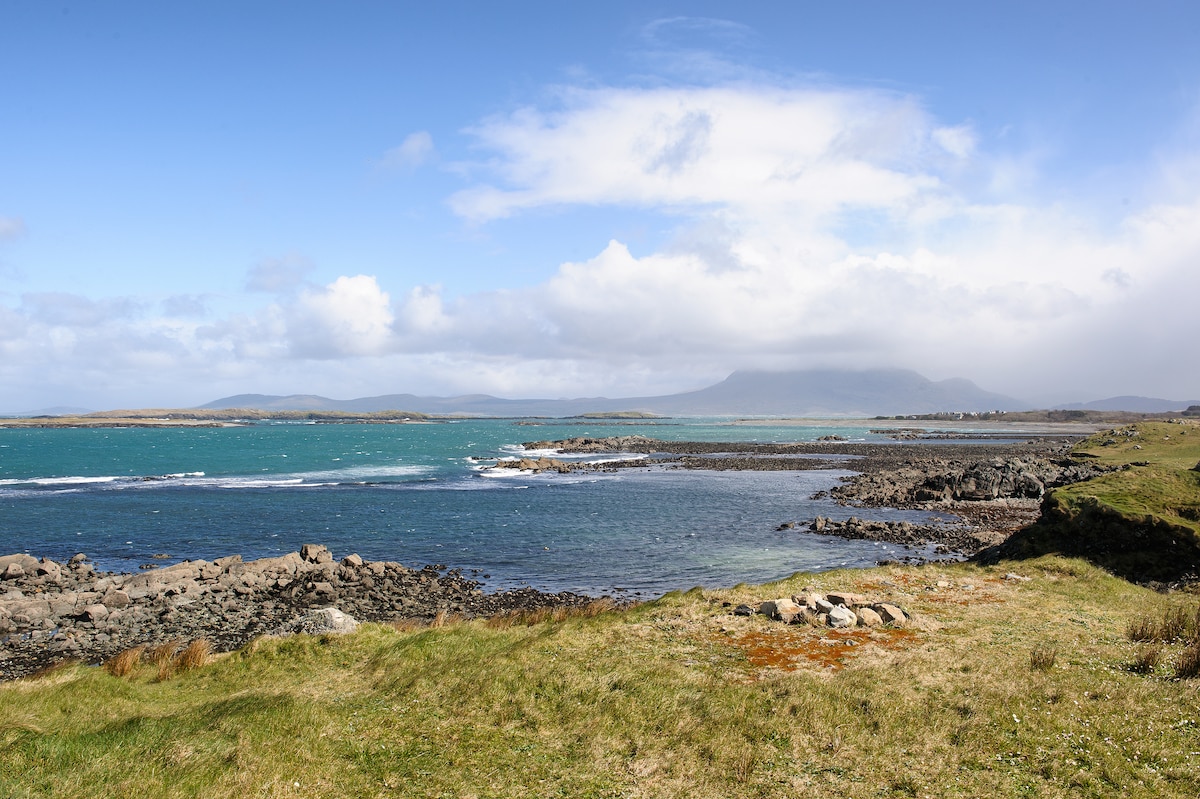 A sweeping coastal view captures the vibrant blue water contrasting with rugged rocks along the shore. Lush green grass leads towards the water's edge, while distant mountains are partially shrouded by clouds under a bright sky. The scene conveys a peaceful connection to nature.