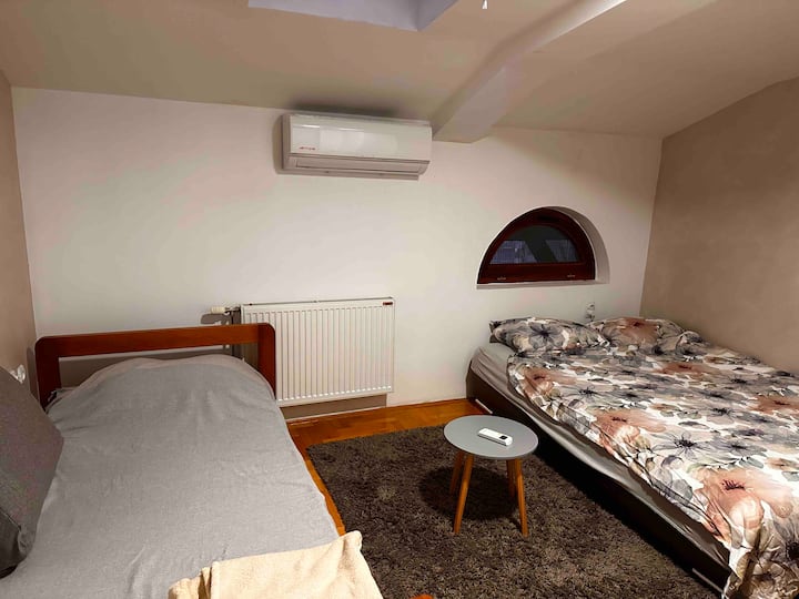 Una habitación con aire acondicionado, un armario, un sofá cama con capacidad para dos personas y una sola cama.