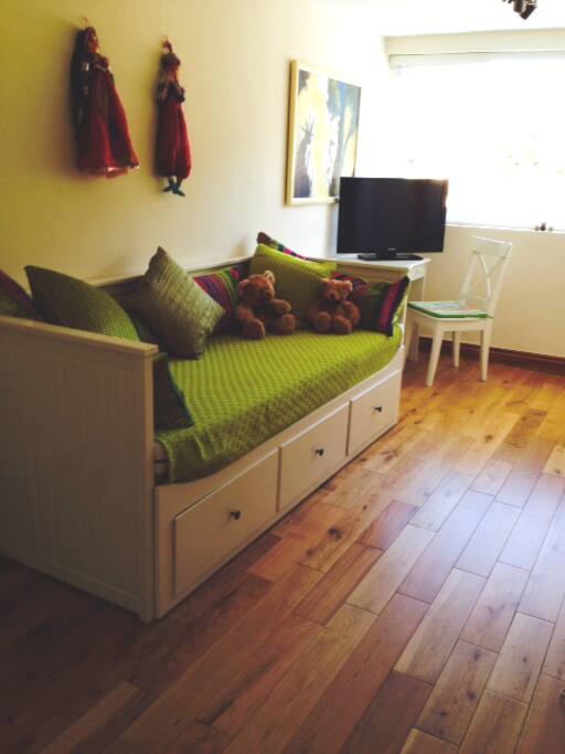 Bed converts to a comfortable double for couples